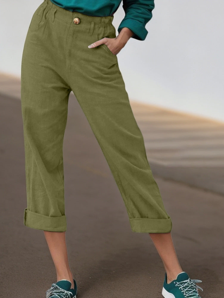Elegant linen pants for women with wide legs and turned-up hem Lune London