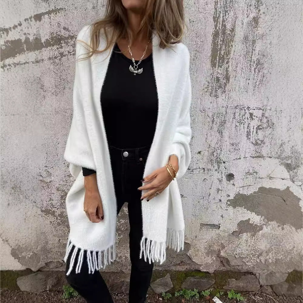 Women's Cozy Knit Poncho with Fringes Lune London