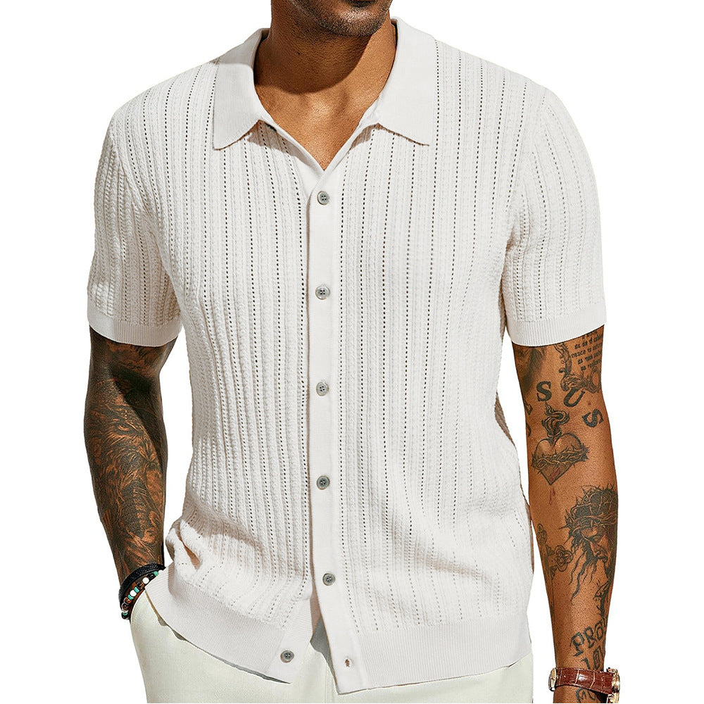Short sleeve knit shirt for men with a fine lace structure and a classic collar Lune London
