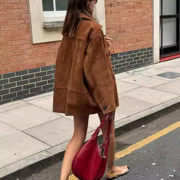 Oversized suede jacket for women with button details Lune London