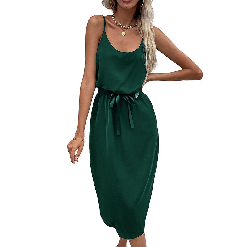 Mid-length dress with adjustable spaghetti straps for women with tied belt Lune London