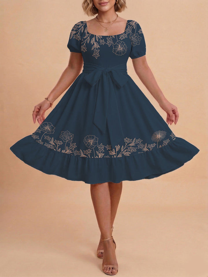 Women A-line dress with floral motifs and adjustable belt Lune London