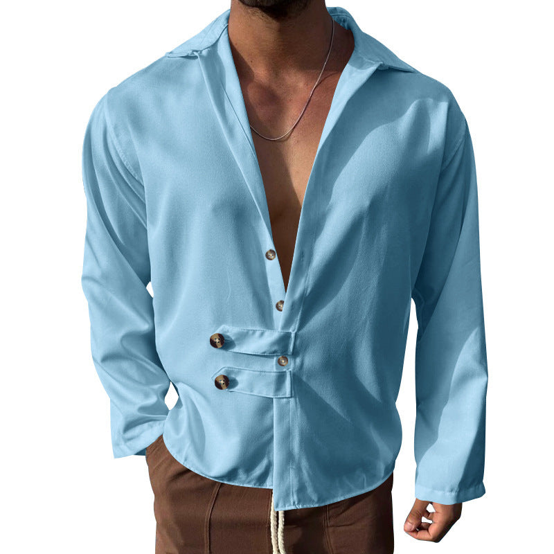 Men's elegant long sleeve blouse with shawl collar and button details Lune London