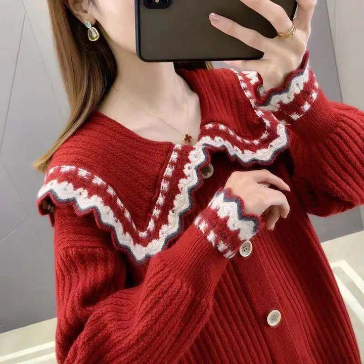 Knitted jacket for women with decorative collar and large buttons Lune London