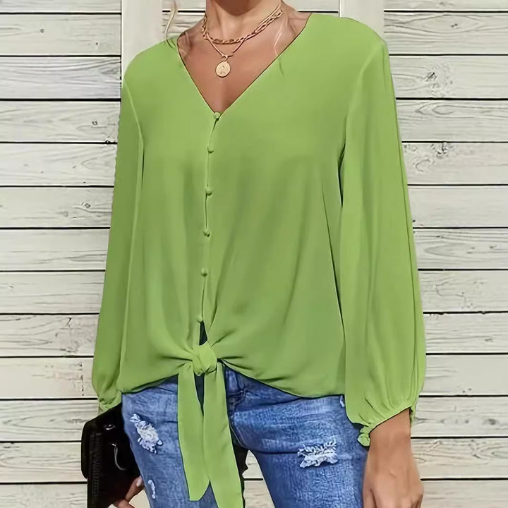 Elegant ladies blouse with knot detail and V-neck Lune London