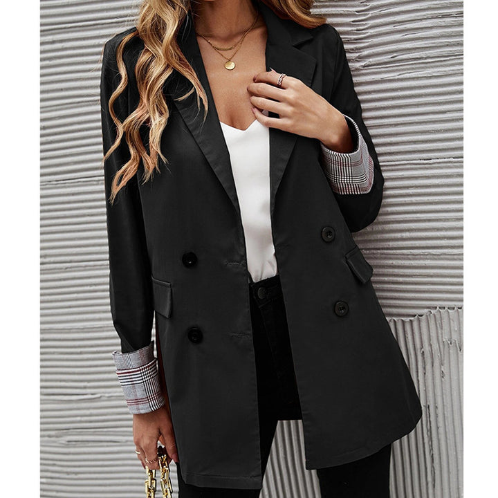Women Elegant Double-Breasted Blazer with Chic Checkered Detail and Style