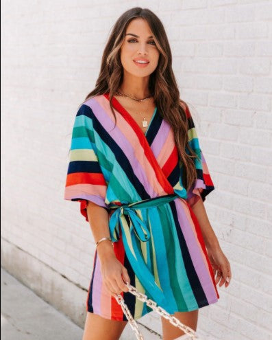 Striped wrap mini dress for women with adjustable belt Lune London