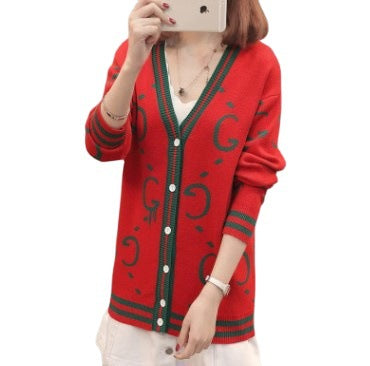 Women's knit jacket with deep V neckline and colorful graphic patterns Lune London