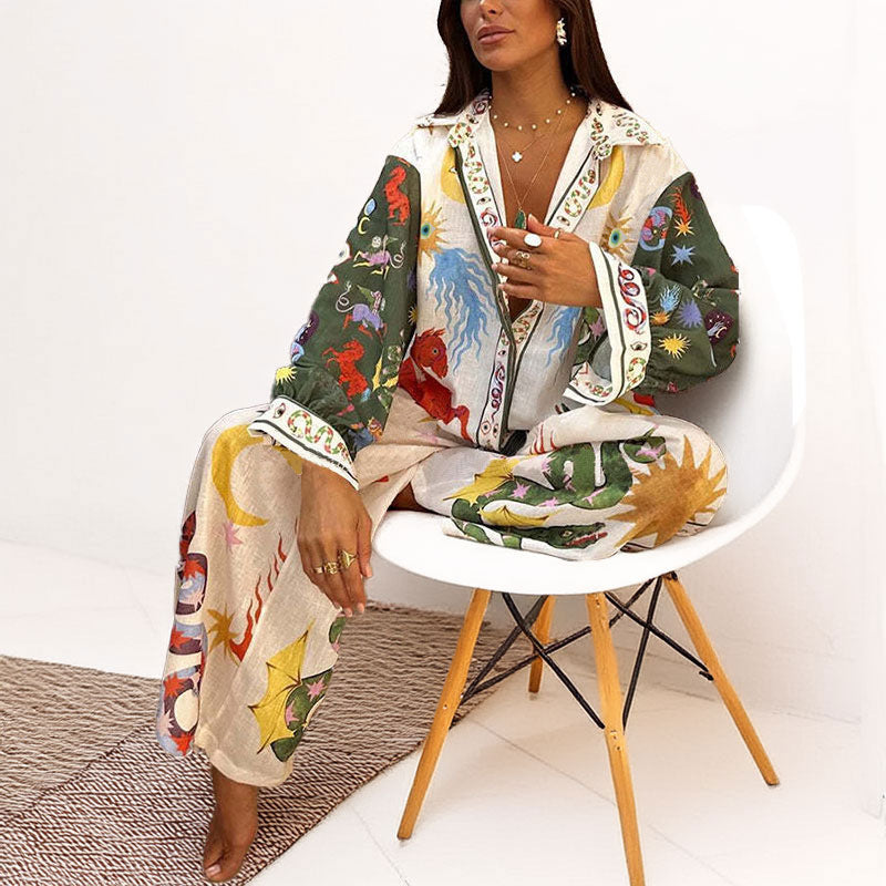Ensemble en lin élégant pour femme avec imprimé artistique et manches amples Chic & Stil