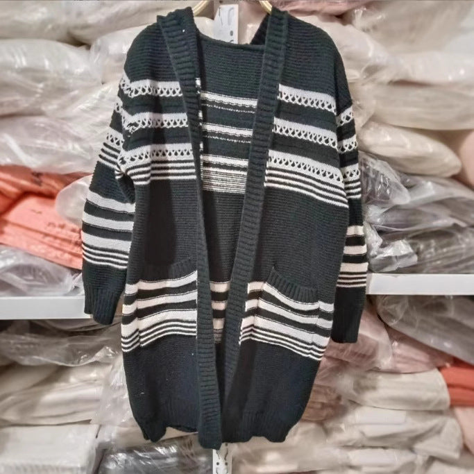 Women's knit coat with hood and trendy striped pattern Lune London
