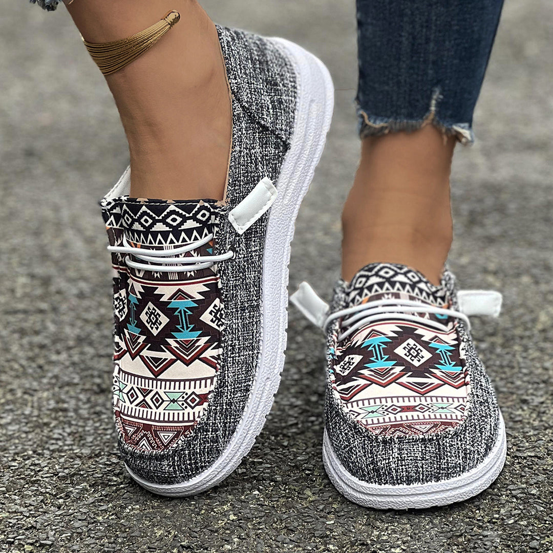 Casual slip-on sneakers for women with a trendy ethnic pattern Lune London