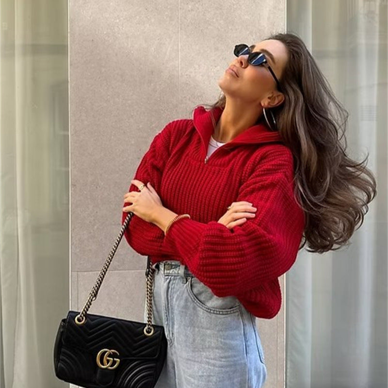 Women's thick knit sweater with high collar and zipper Lune London