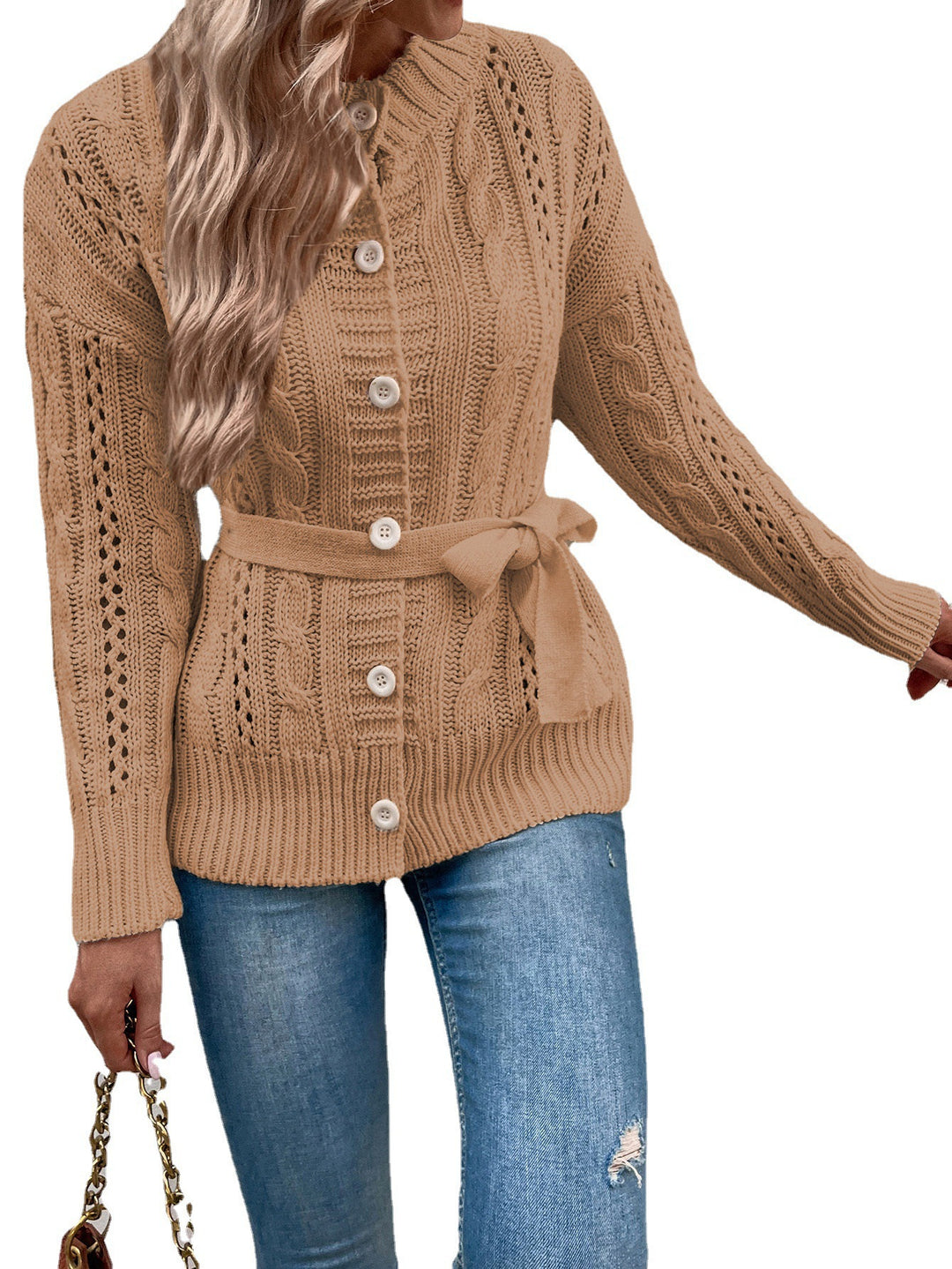 Ladies Chunky Knit Cardigan with Belt and Floral Braid Patterns Lune London
