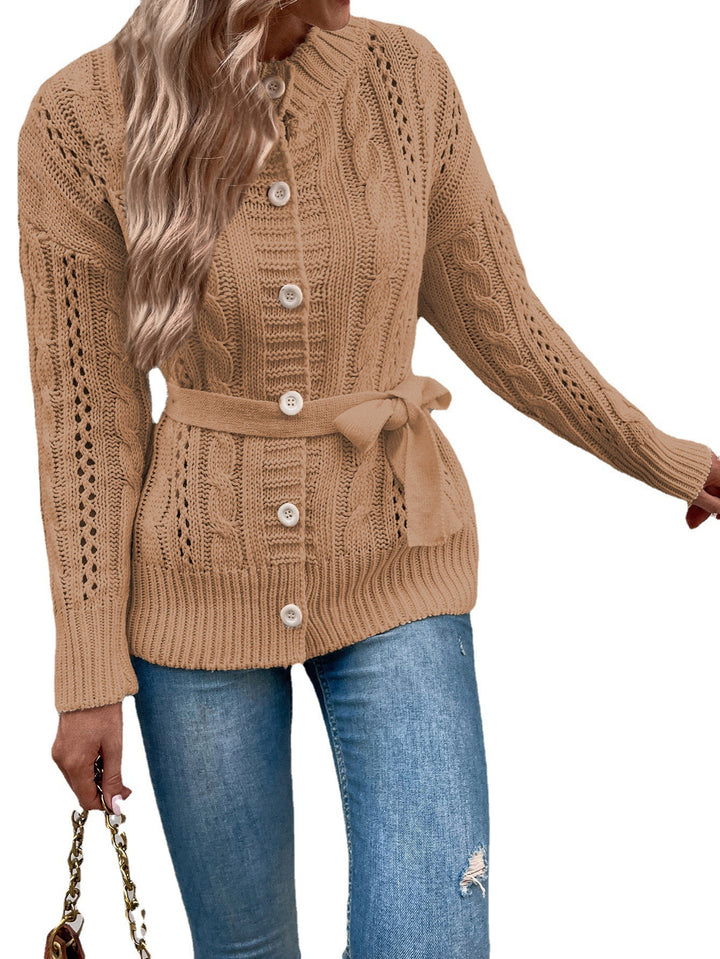 Ladies Chunky Knit Cardigan with Belt and Floral Braid Patterns Lune London