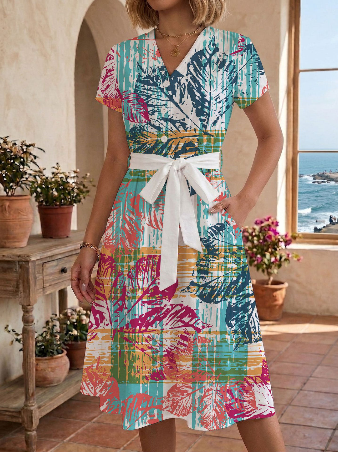 Women's casual maxi dress with adjustable knot and decorative check pattern Lune London