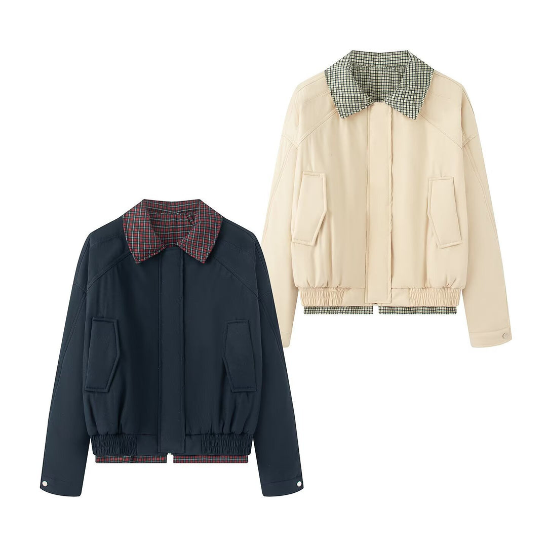 Trendy transition jacket for women with check collar and practical flap pockets Lune London