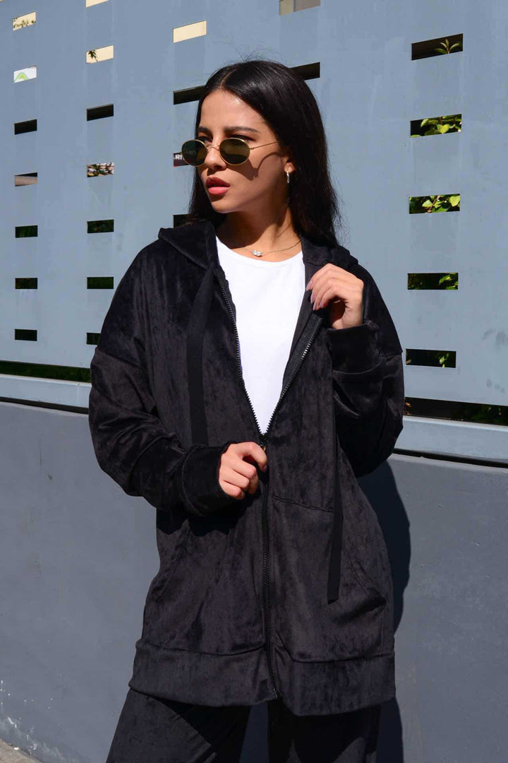 Ladies Luxurious Velvet Hooded Jacket with Soft Lining and Convenient Pockets Lune London