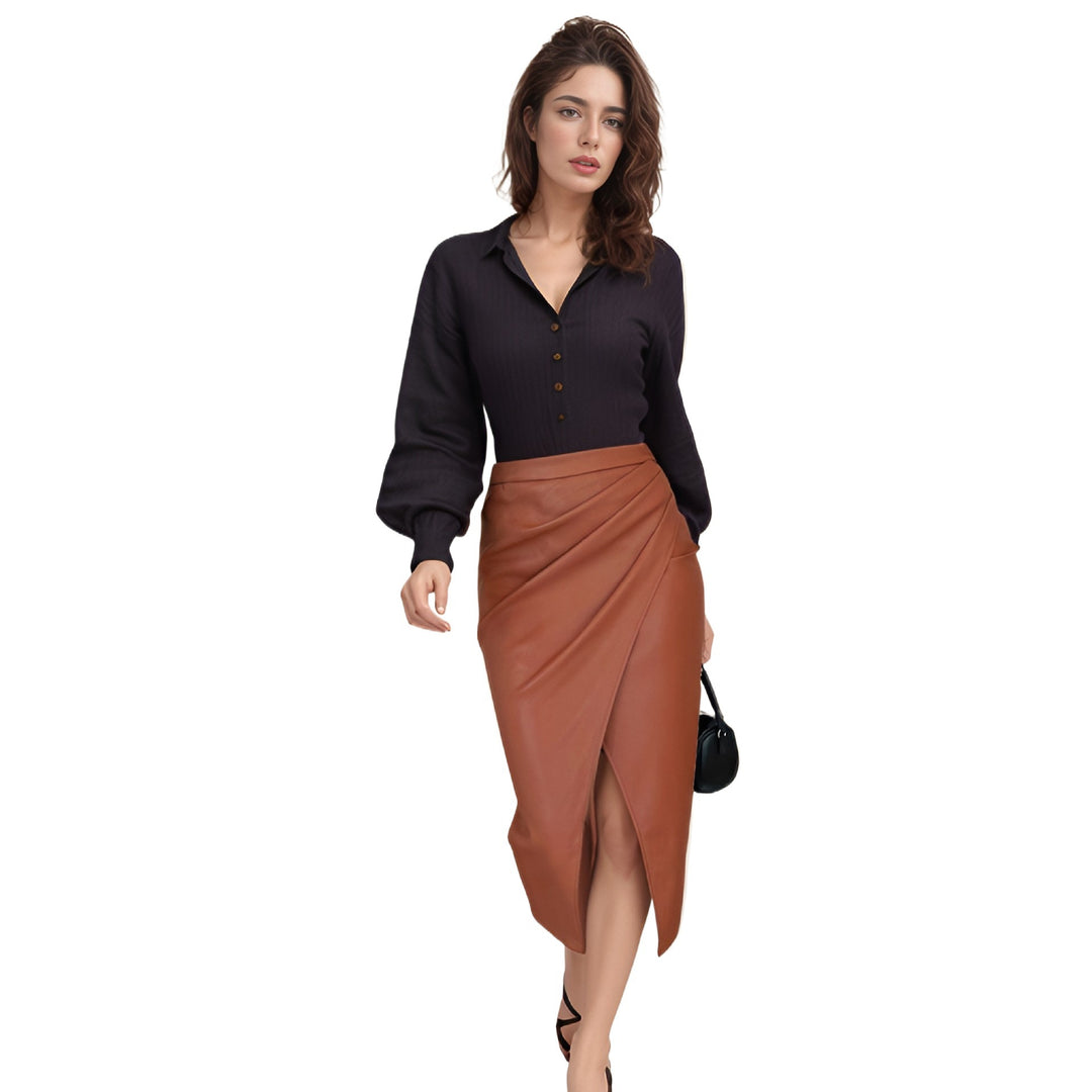 Chic and elegant draped midi skirt in faux leather for women