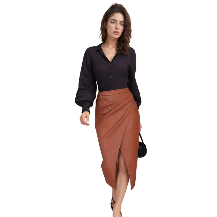 Chic and elegant draped midi skirt in faux leather for women