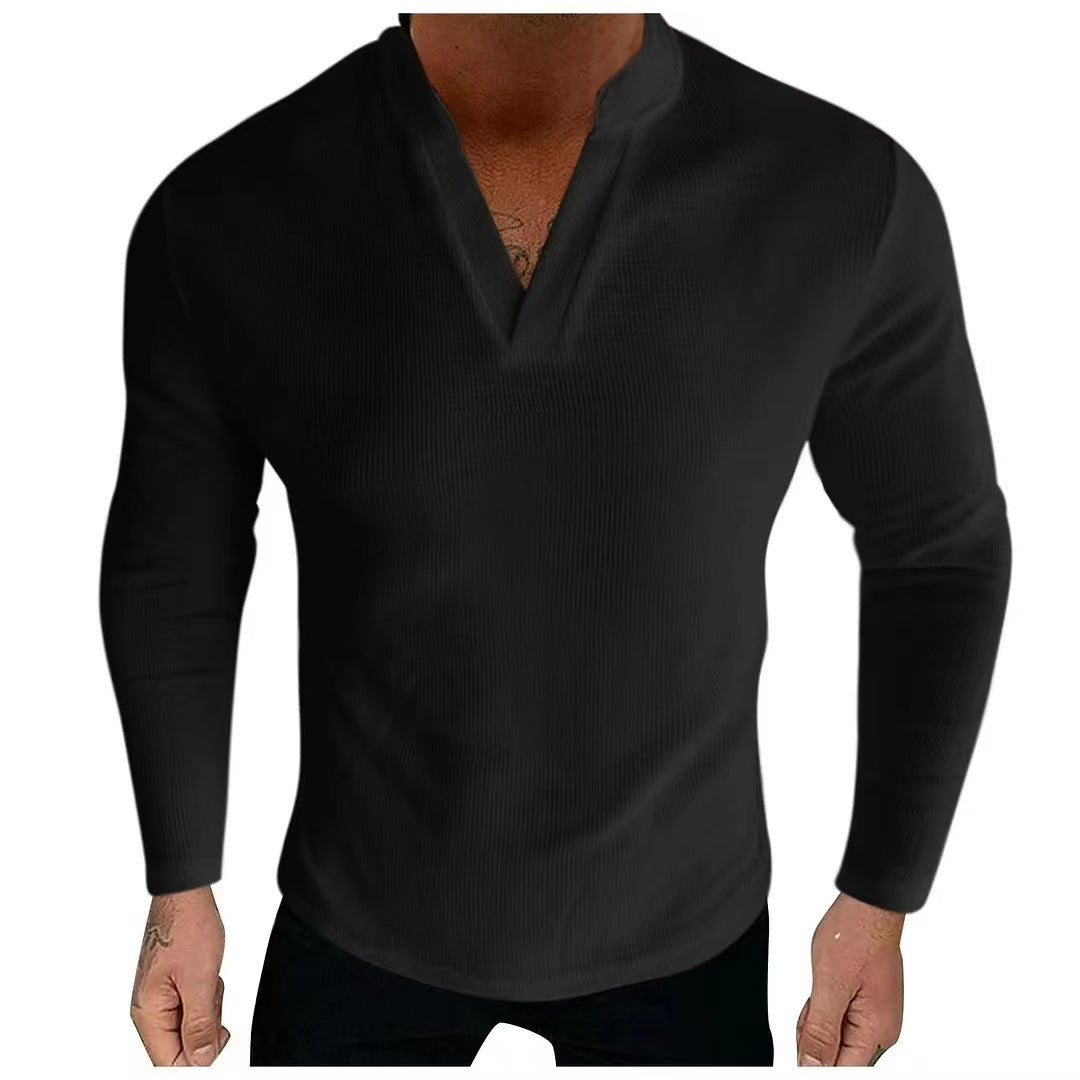 Men's Long Sleeve Henley Shirt in Textured Cotton Fabric with a Modern V-Neck Lune London