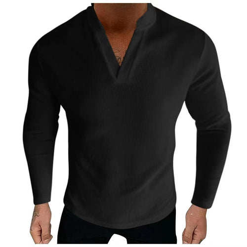 Men's Long Sleeve Henley Shirt in Textured Cotton Fabric with a Modern V-Neck Lune London