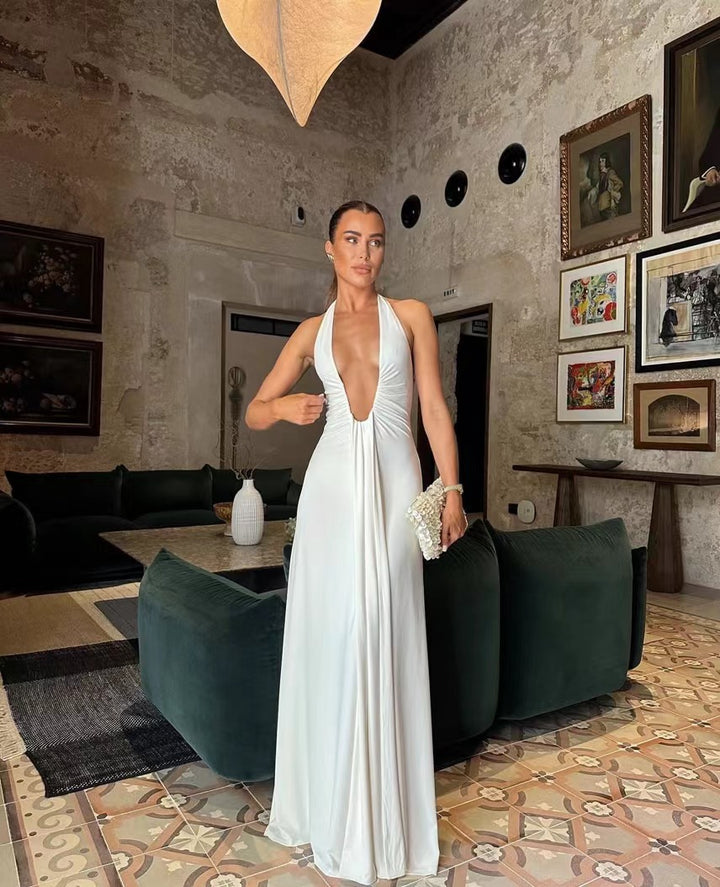 Maxi dress for women with deep V-neck and elegant design with ruffles Lune London