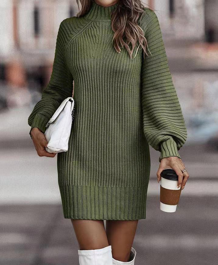 Chunky knit dress for women with wide turtleneck and puff sleeve details Lune London