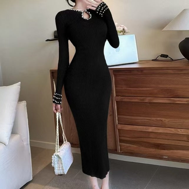Maxi knit dress for women with keyhole detail and bead embellishments Lune London