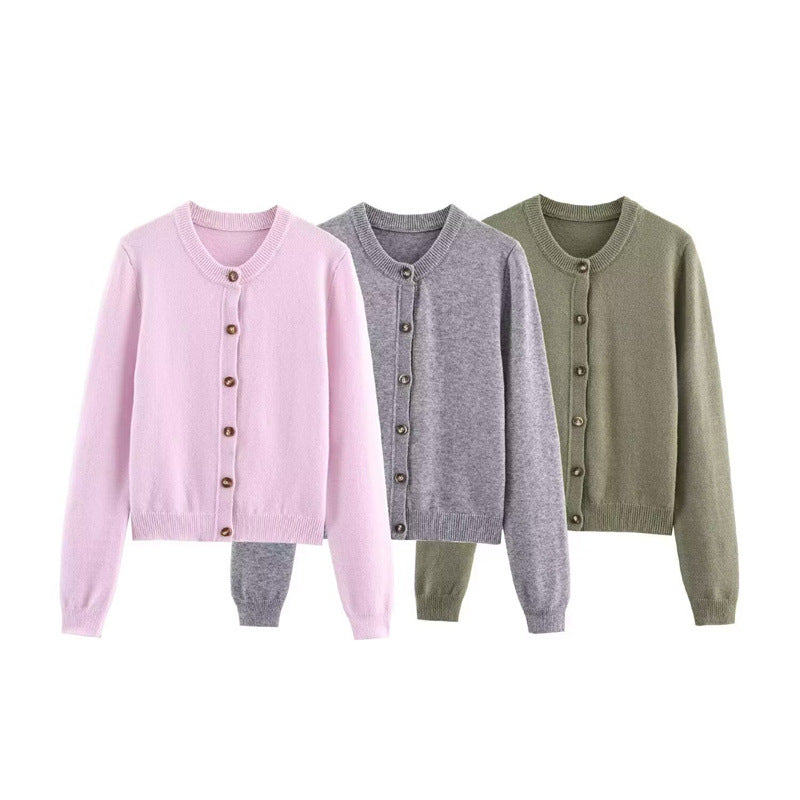 Women Elegant Knit Jacket with Button Closure and Round Collar Lune London
