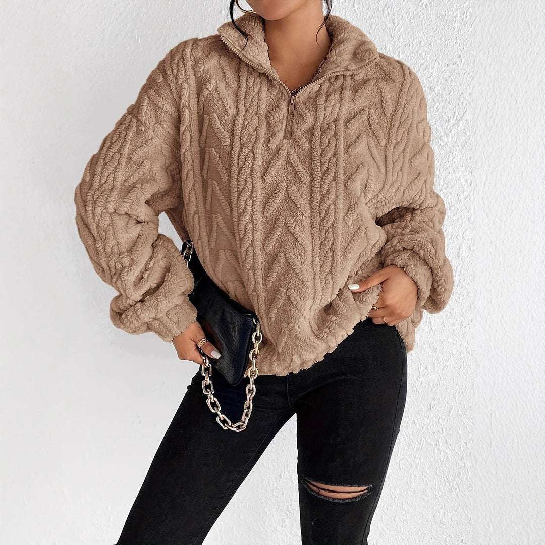 Ladies Cozy Fleece Sweater with High Collar and Zip Detail Lune London