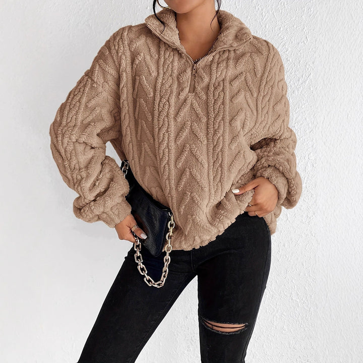 Ladies Cozy Fleece Sweater with High Collar and Zip Detail Lune London