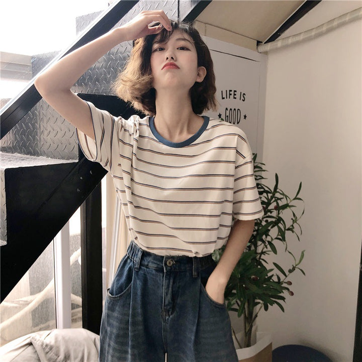 Women Striped T-Shirt with Round Neck and Loose Fit Lune London