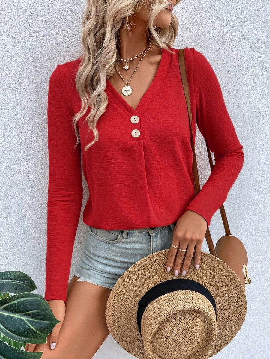 Women’s long sleeve T-shirt with a split V-neck and decorative buttons Lune London