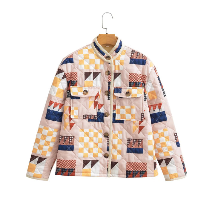 Quilted transitional jacket for women with a colorful patchwork pattern and large pockets Lune London