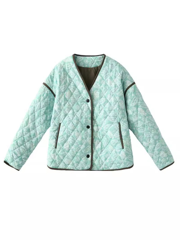 Quilted fall jacket for women with a unique floral pattern and practical pockets Lune London