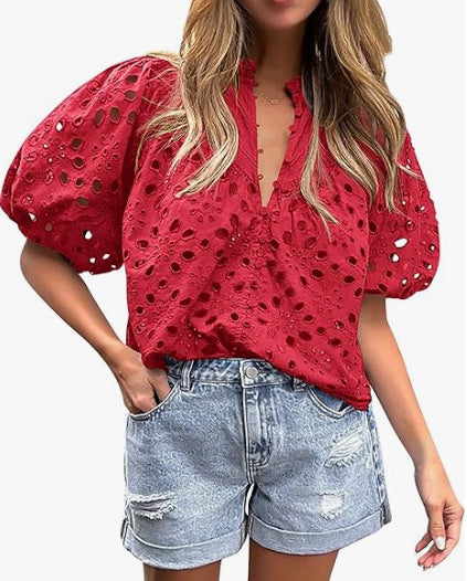 Ladies eyelet blouse with puff sleeves Lune London