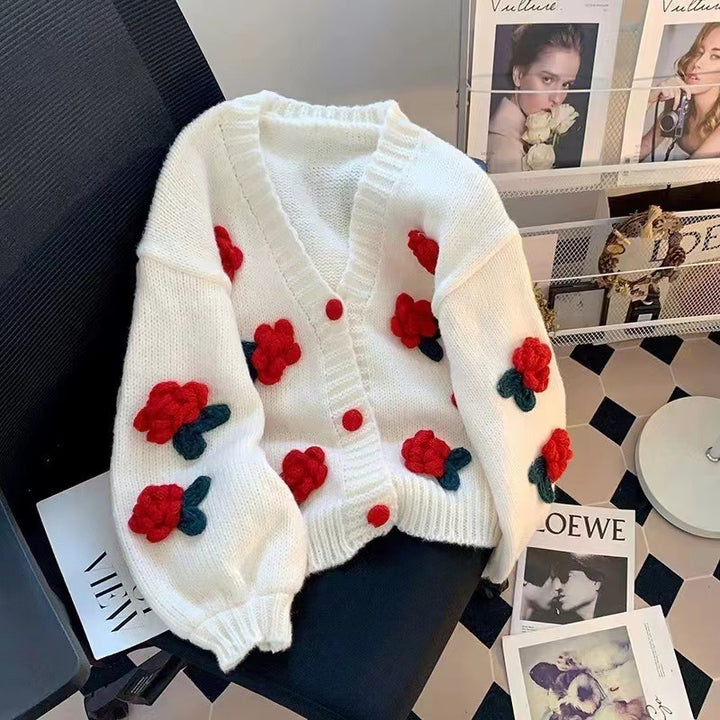 Knitted jacket for ladies with floral appliqués and elastic sleeves Lune London