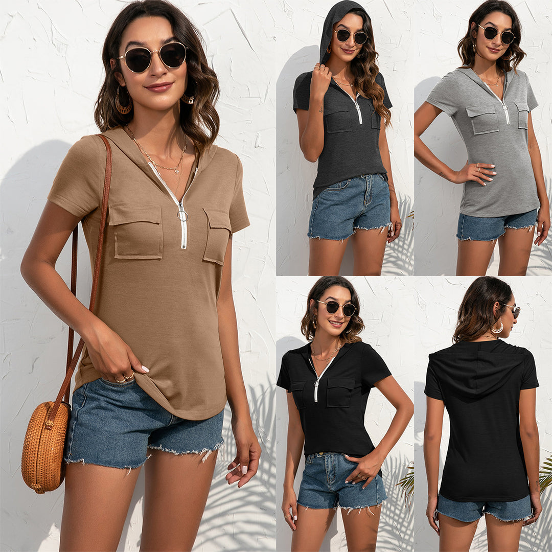 Short sleeve women's hoodie top with practical pockets and zipper Lune London