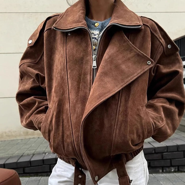 Oversized faux leather jacket for women with an elegant collar and an adjustable drawstring waist Lune London