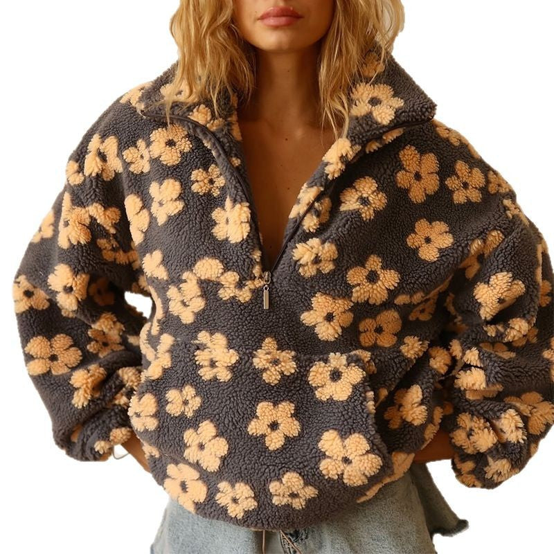 Women Cozy Fleece Jacket with Floral Pattern Lune London