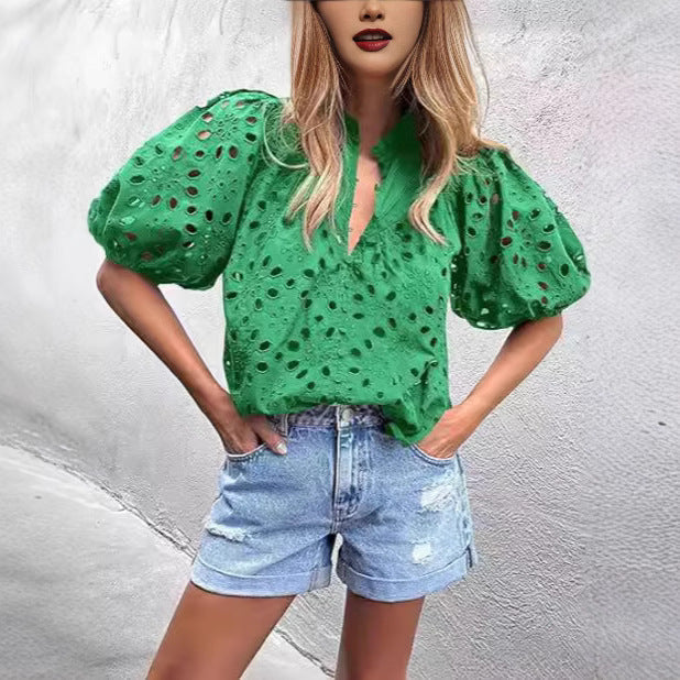 Ladies eyelet blouse with puff sleeves Lune London