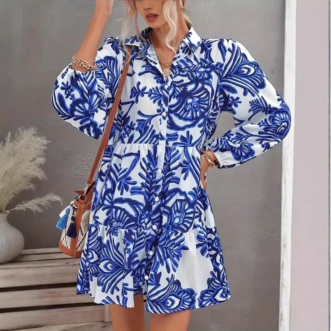 Shirt dress for women with voluminous skirt and floral pattern Lune London