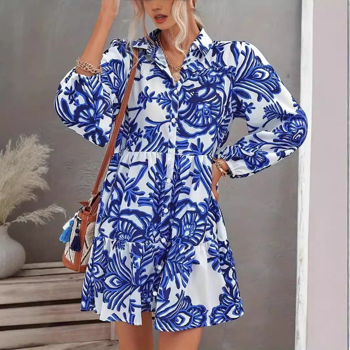 Shirt dress for women with voluminous skirt and floral pattern Lune London