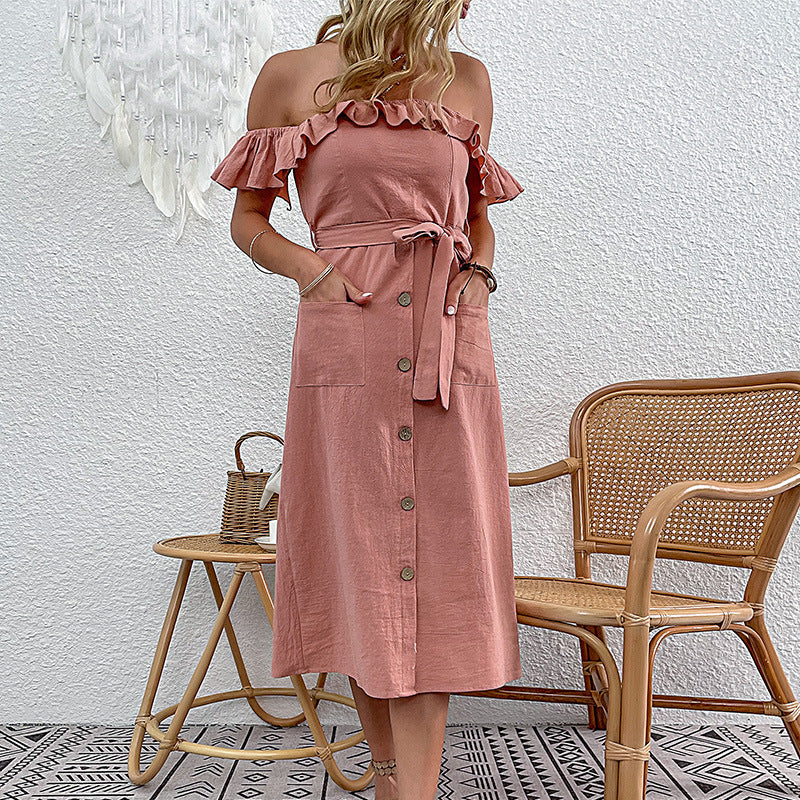 Robe midi à épaules dénudées pour femmes avec détails en volants et ceinture à nouer Chic & Stil