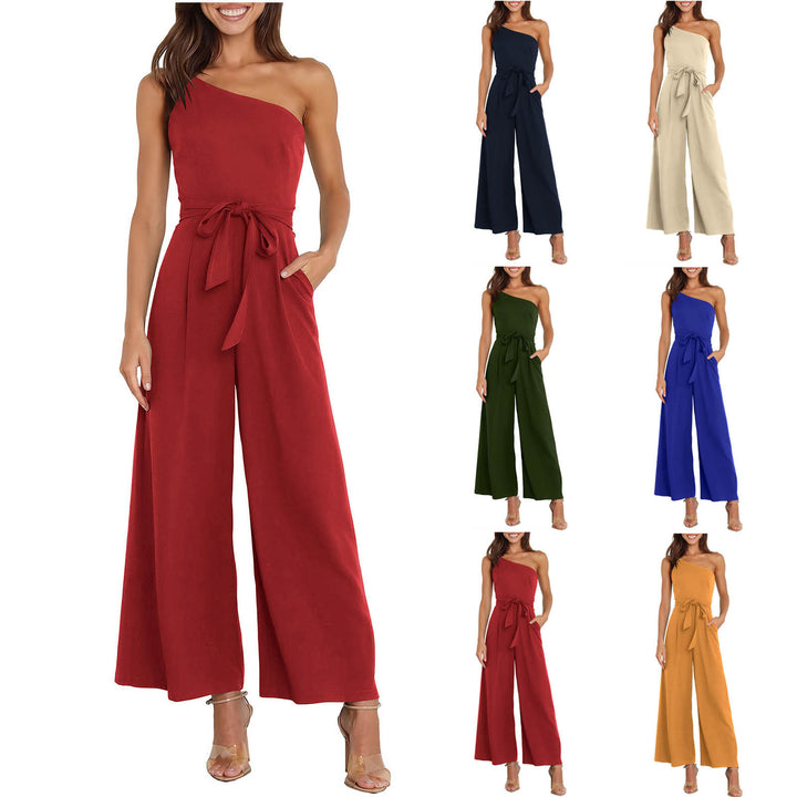 Ladies Elegant Jumpsuit with asymmetrical design and waist belt Lune London