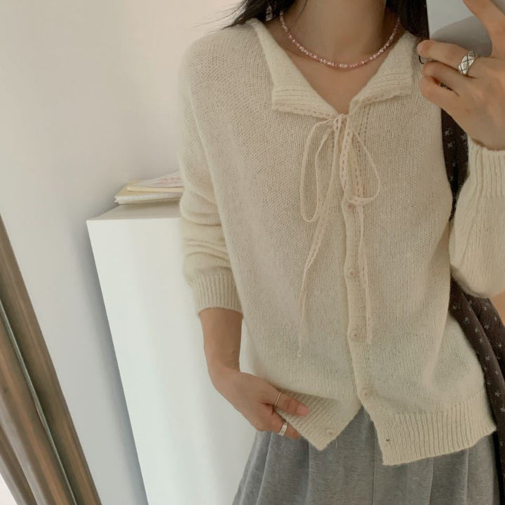 Casual knitted cardigan for women with drawstring and fine texture Lune London