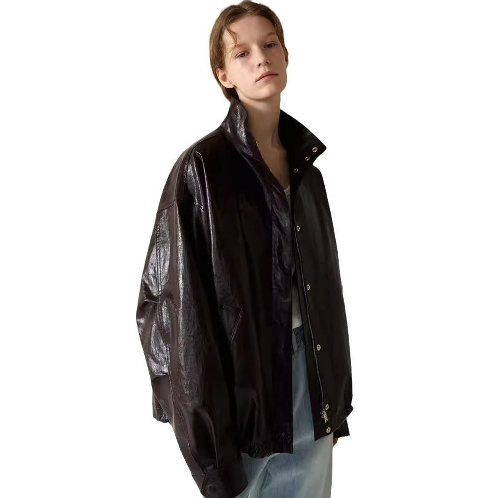 Veste en cuir surdimensionnée tendance pour femme avec col montant et fermeture par bouton-pression Chic & Stil
