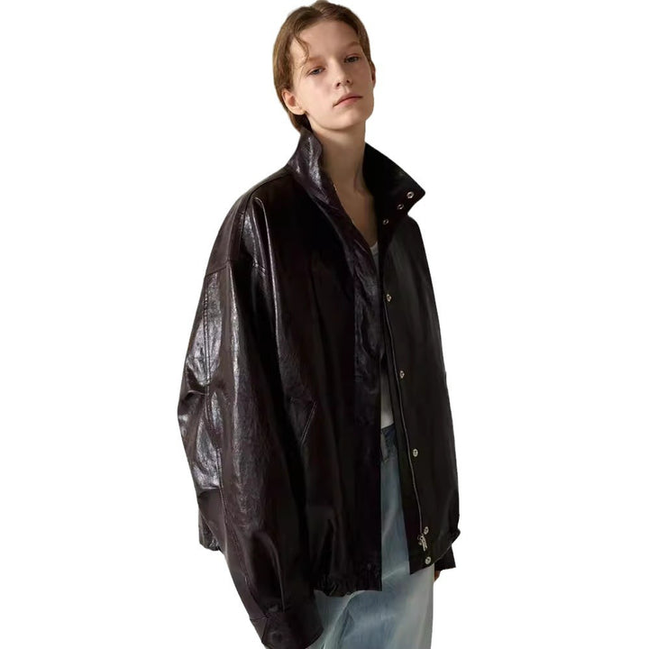 Veste en cuir surdimensionnée tendance pour femme avec col montant et fermeture par bouton-pression Chic & Stil