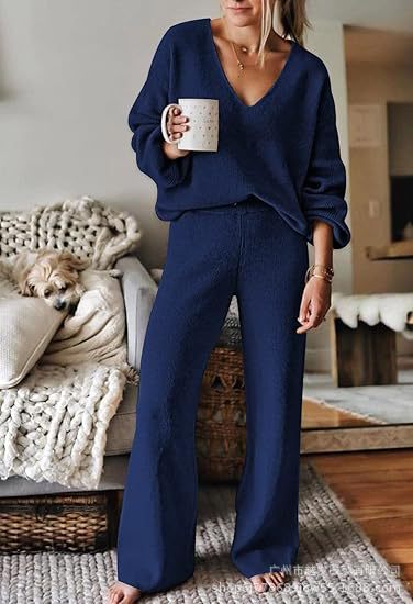 Dames Ensemble tricot confortable avec décolleté en V et jambe large Lune London
