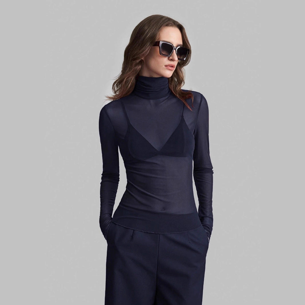 Women's Transparent Turtleneck Blouse with Shaping Cut Lune London
